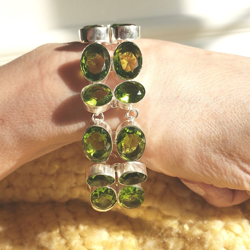 Faceted Peridot Gemstone & Silver Bracelet, 7.5", Huge Stones, Aug. Gift